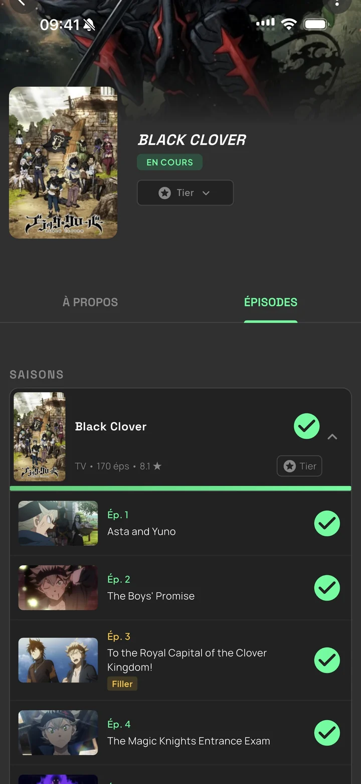 La fiche Black Clover et ses épisodes, avec les fillers indiqués.