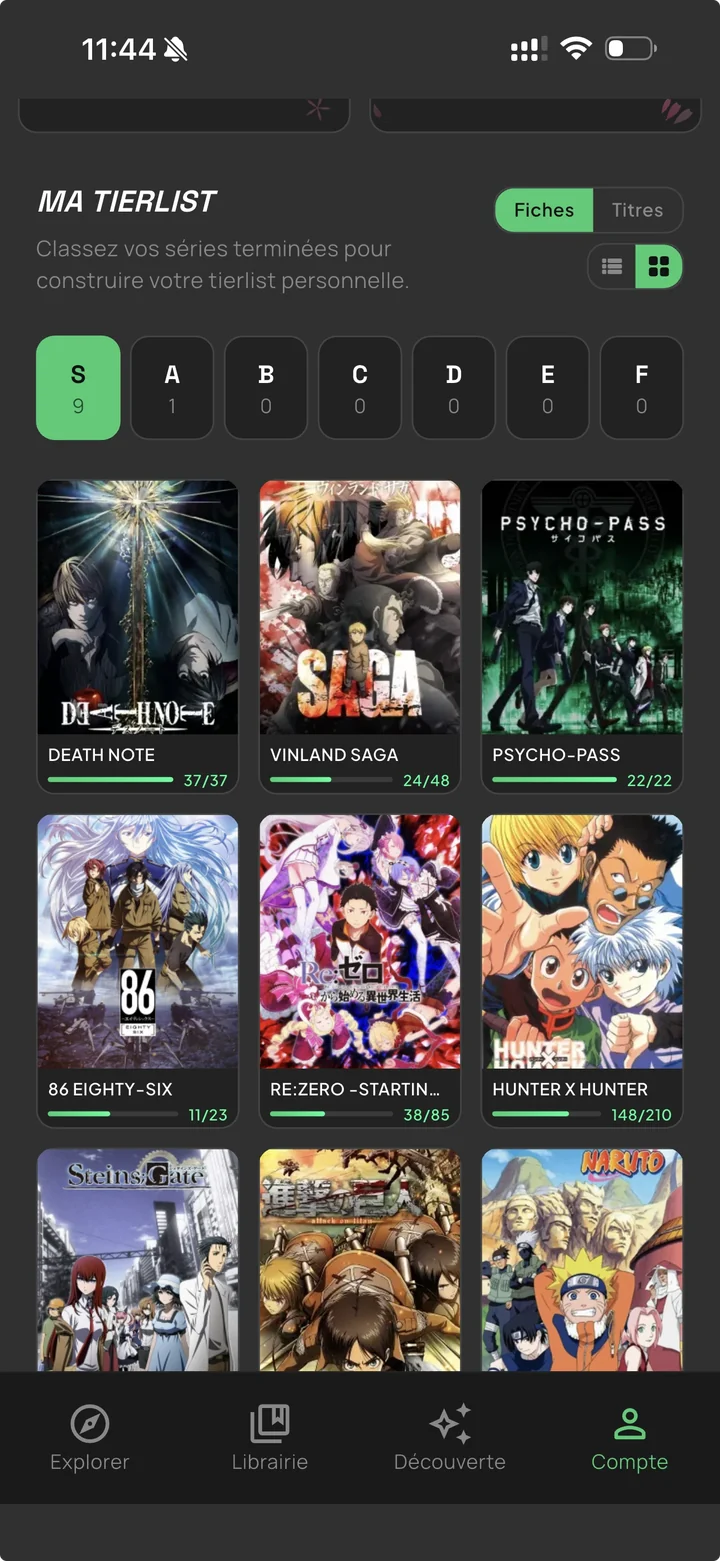 La tier list dans Otakube, avec les anime classés par rang.